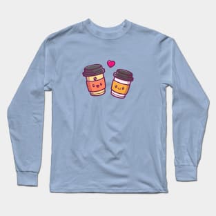 Cute Coffee Couple Cartoon Vector Icon Illustration Long Sleeve T-Shirt